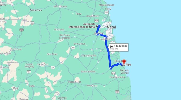 Mapa ilustrado da rota do aeroporto até Pipa.