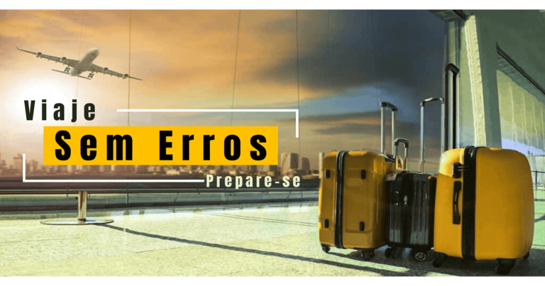 Malas em aeroporto com avião decolando e texto 'Viaje sem erros. Prepare-se!