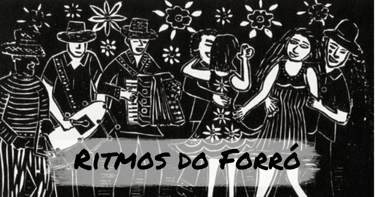 Caricatura em preto e branco de casal dançando forró e músico tocando.