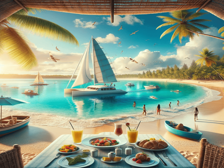 Catamarã e banquete tropical na cênica Praia dos Carneiros