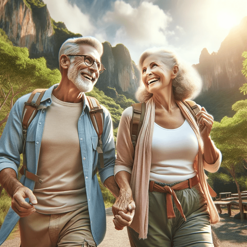 Casal sênior vibrante em trilhas de natureza, simbolizando turismo sênior e aventura