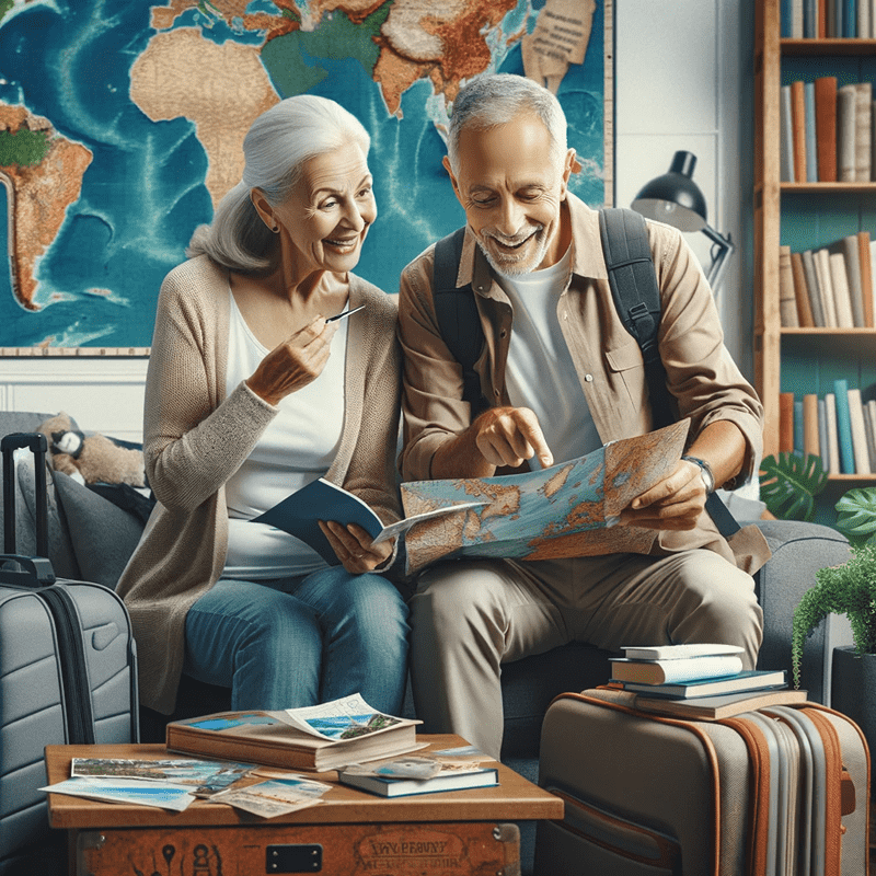 Casal sênior consultando um mapa, planeando sua próxima viagem em turismo sênior.