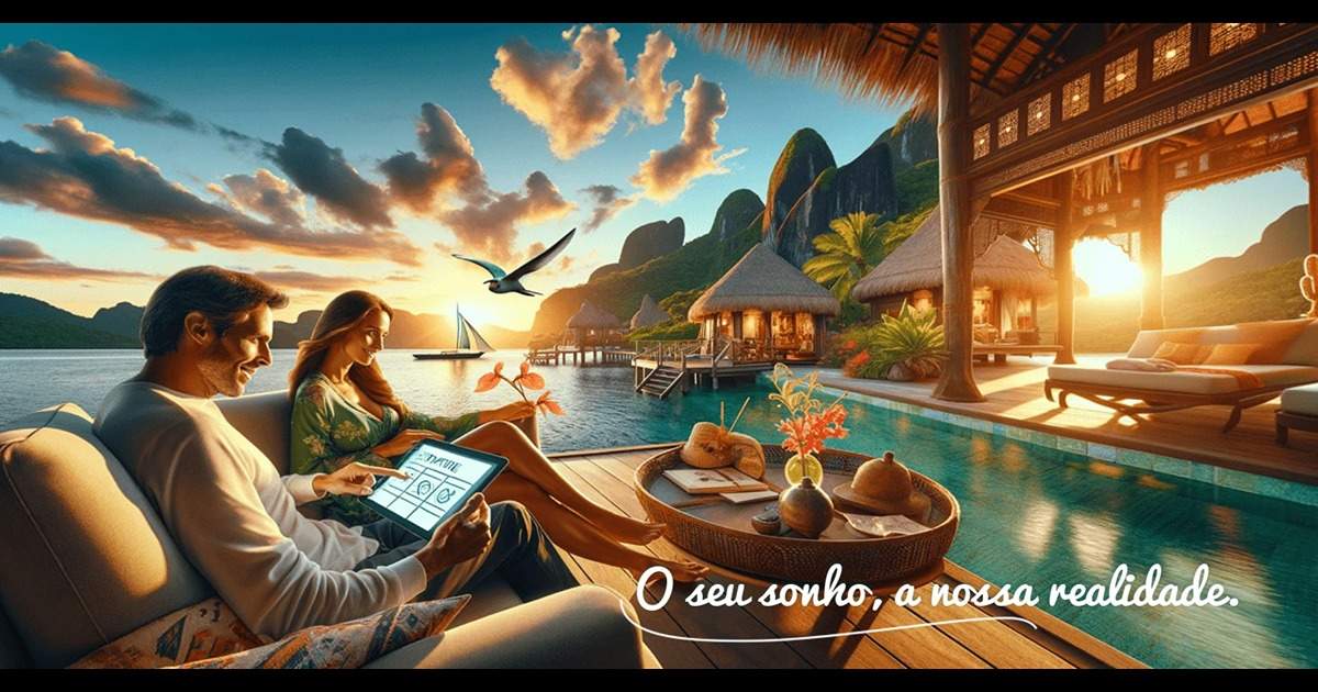 Casal consulta tablet em destino exótico, simbolizando férias personalizadas únicas.