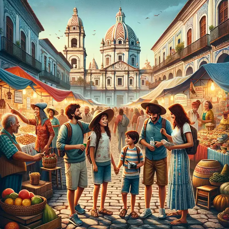Família em férias explorando uma cidade histórica, interagindo com a cultura local e superando desafios juntos.