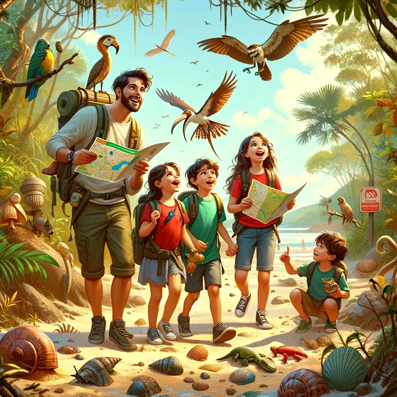 Família em férias observa vida selvagem e aprende sobre o meio ambiente, fortalecendo laços e conhecimento.