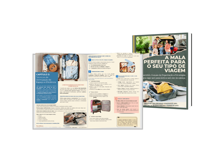 Capa e conteúdo do eBook “A Mala Perfeita para o Seu Tipo de Viagem” com dicas de otimização de espaço na bagagem