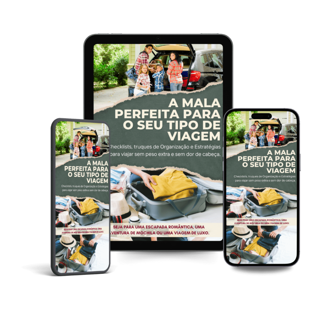 Capa do eBook “A Mala Perfeita para o Seu Tipo de Viagem” exibida em tablet e smartphones com imagens de organização de bagagem