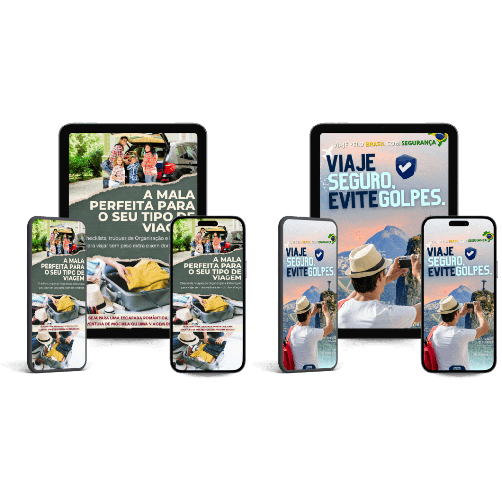 Capas dos eBooks “A Mala Perfeita para o Seu Tipo de Viagem” e “Viaje Seguro, Evite Golpes” exibidas em celulares e tablets