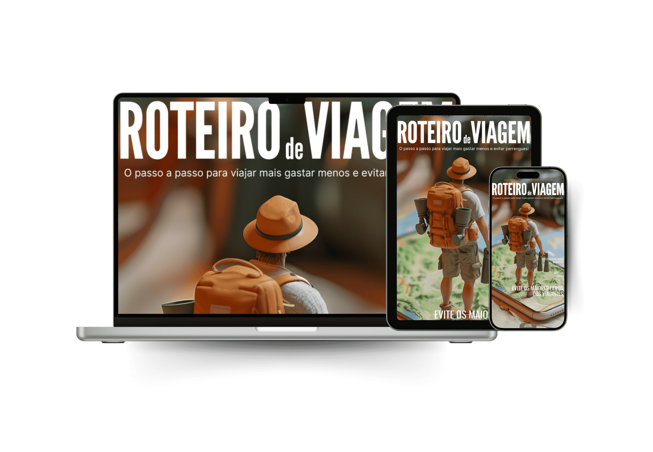Capa do eBook Roteiro de Viagem da Amorim Roteiros exibida em notebook, tablet e celular com imagem de viajante com mochila