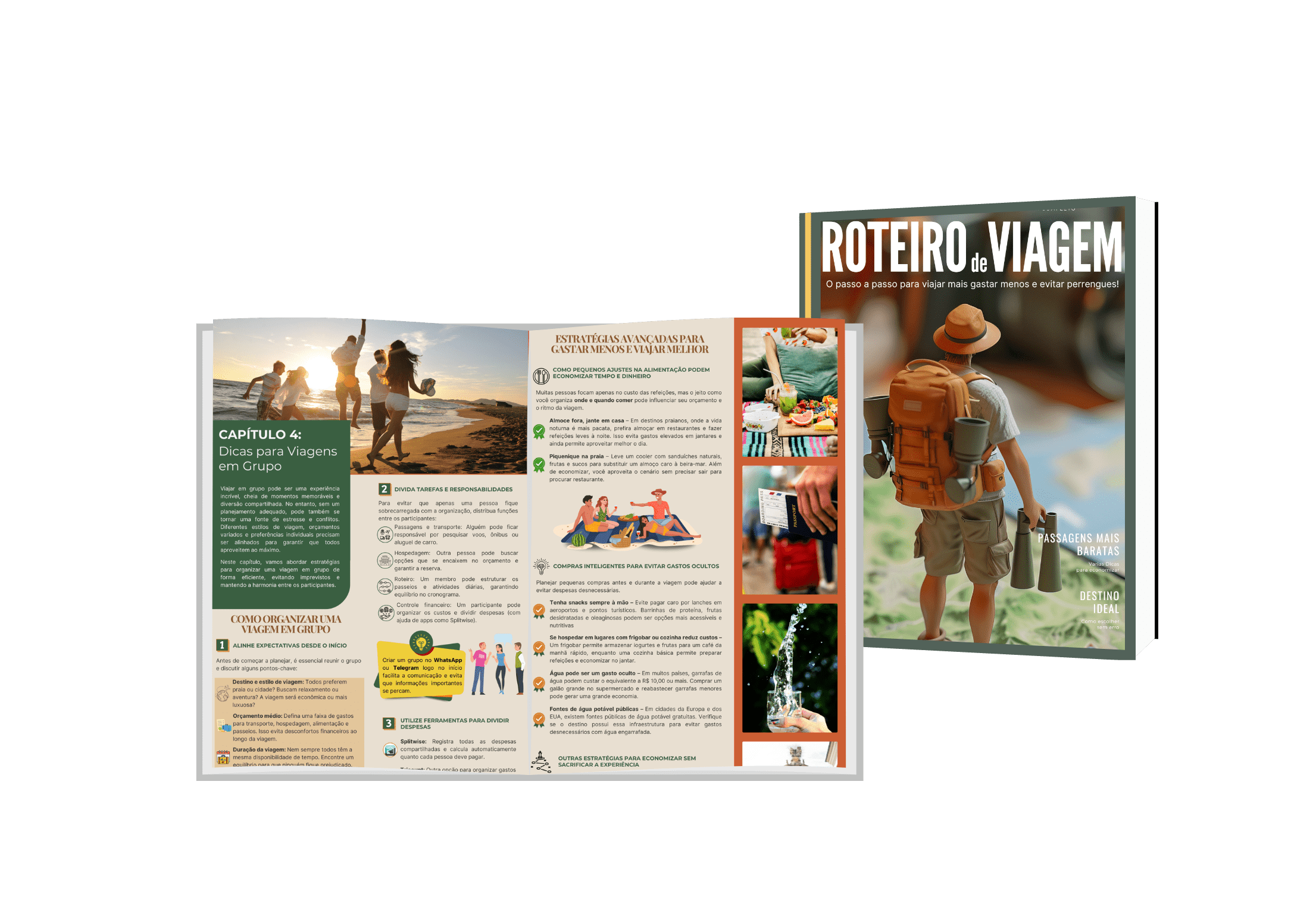 Capa do eBook Roteiro de Viagem e conteúdo do capítulo com dicas para viagens em grupo e economia colaborativa