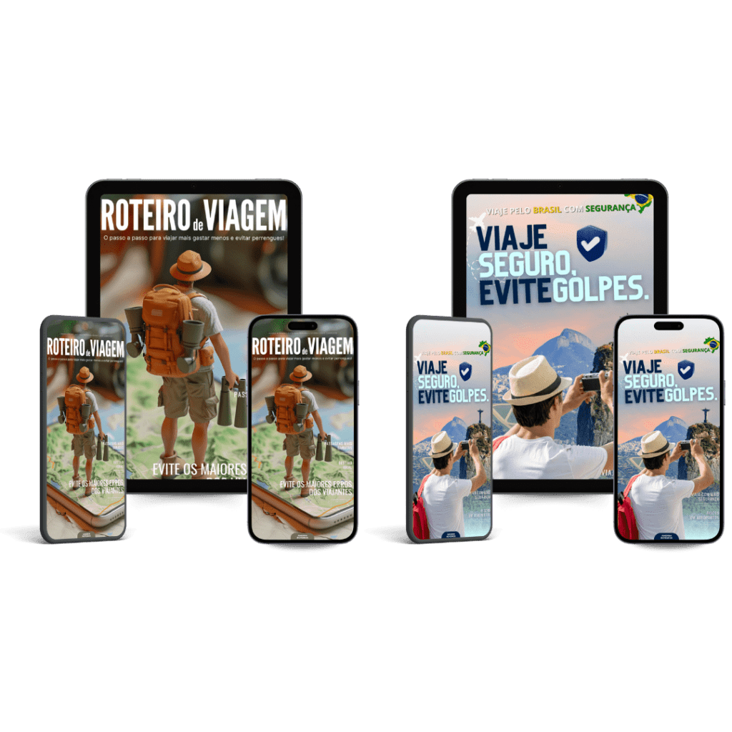 Capas dos eBooks “Roteiro de Viagem” e “Viaje Seguro, Evite Golpes” exibidas em celulares e tablets com foco em organização e prevenção
