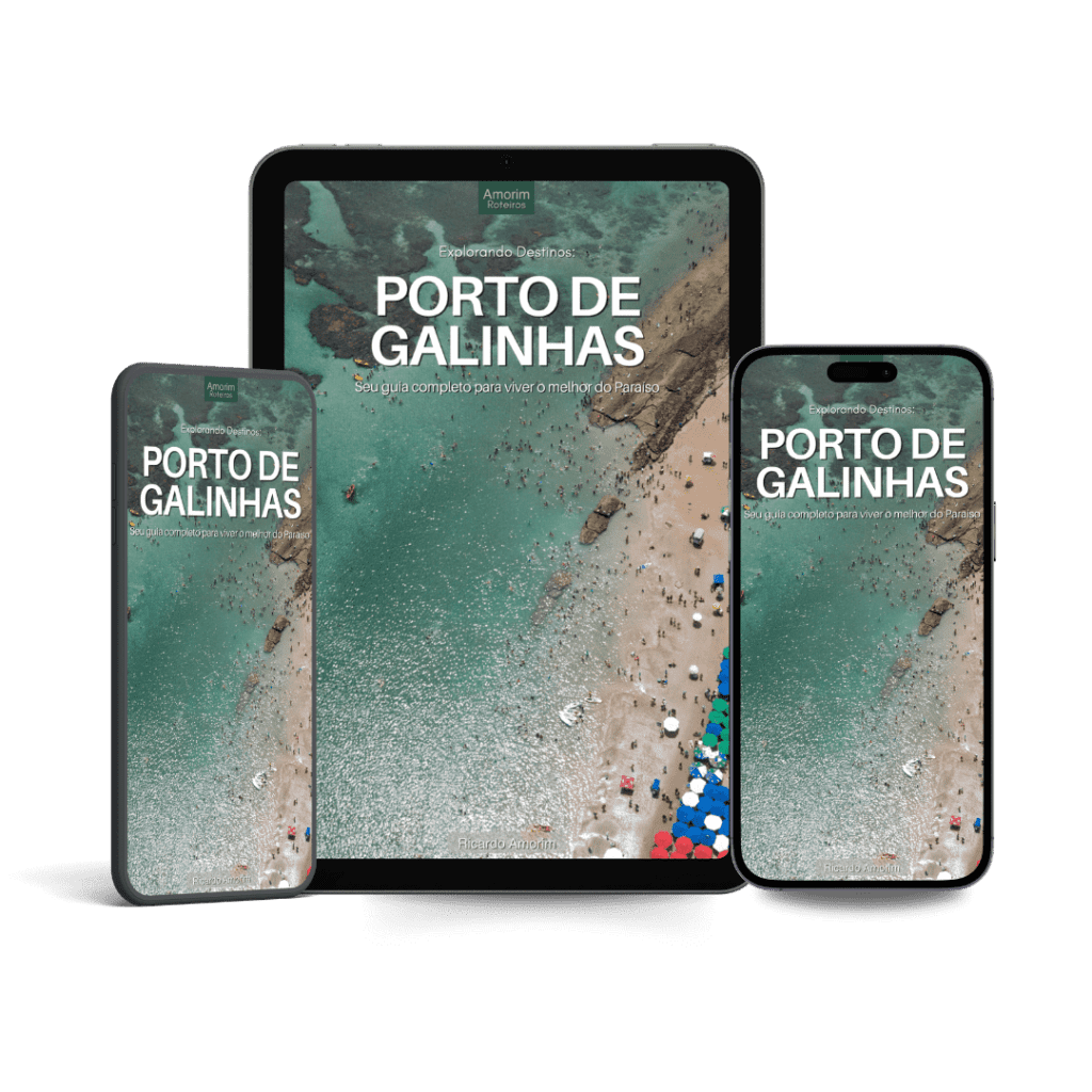 Capa do eBook Porto de Galinhas da Amorim Roteiros exibida em tablet e smartphones com vista aérea da praia