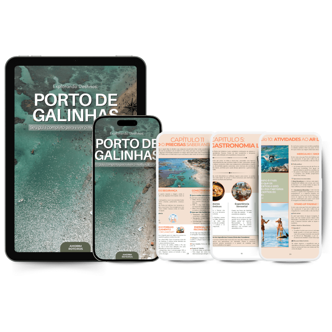 Imagem do eBook digital Porto de Galinhas exibindo capítulos sobre segurança, gastronomia local e atividades ao ar livre