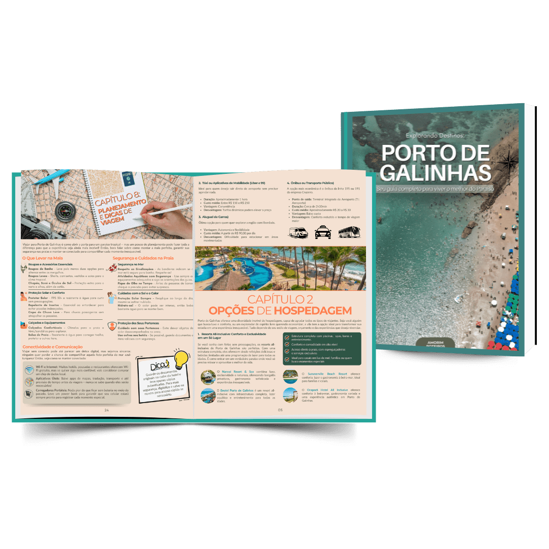 Conteúdo do eBook de Porto de Galinhas com dicas de hospedagem, transporte, o que levar e planejamento da viagem