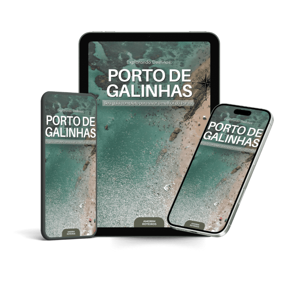 Capa do eBook Porto de Galinhas exibida em celular e tablet com imagem aérea da praia e mar azul