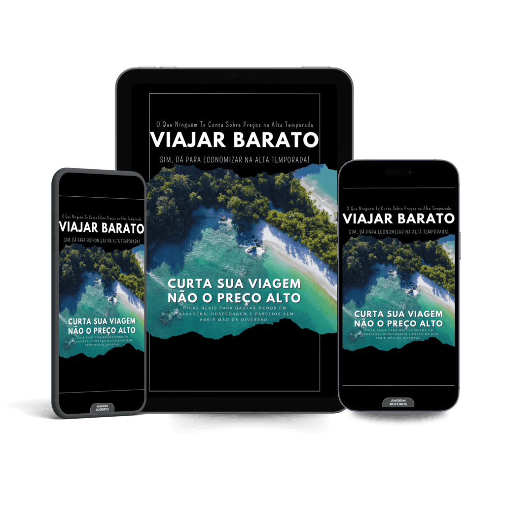 Capa do eBook Viajar Barato da Amorim Roteiros exibida em celular e tablet com paisagem tropical aérea