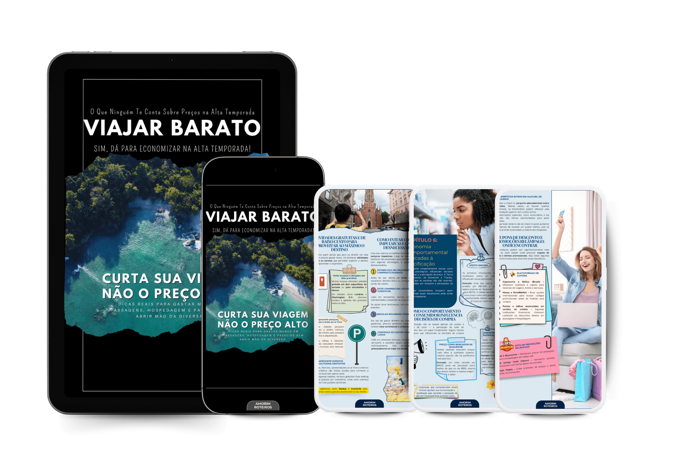 Capa e páginas do eBook Viajar Barato com dicas de economia comportamental, promoções e hospedagem acessível