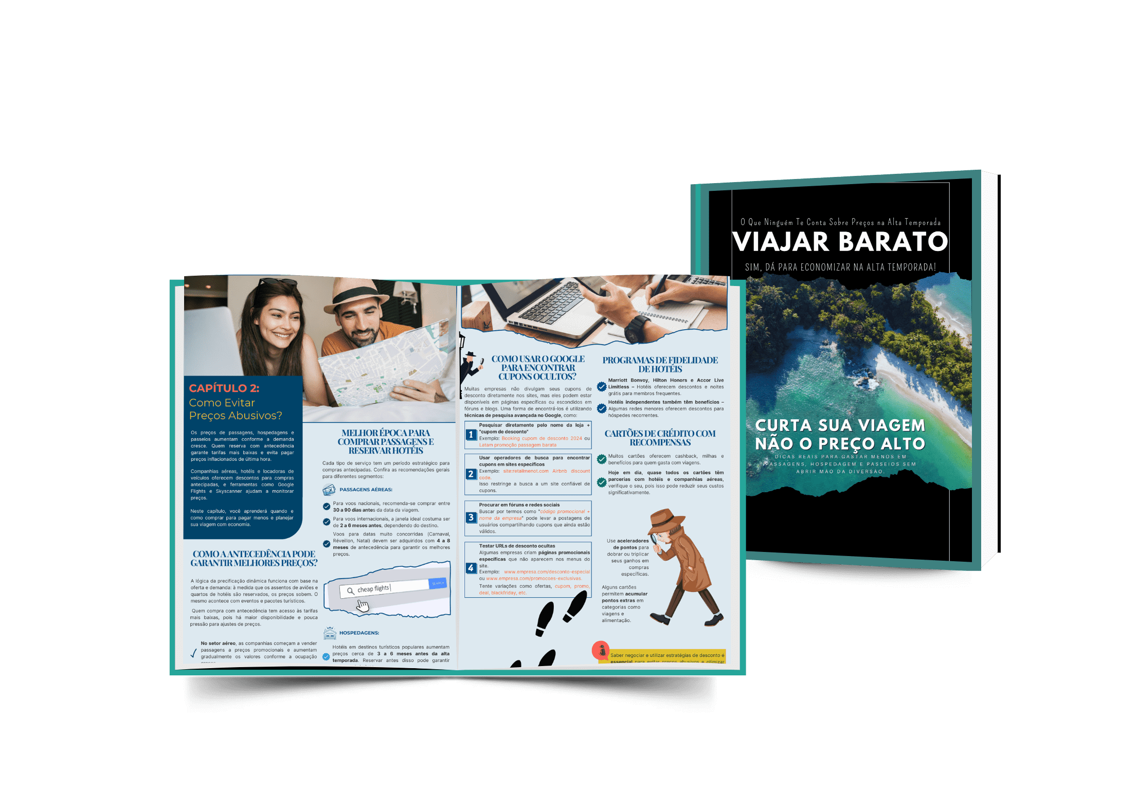 Conteúdo do eBook Viajar Barato com dicas sobre compra antecipada, cupons de desconto, fidelidade de hotéis e economia em viagens
