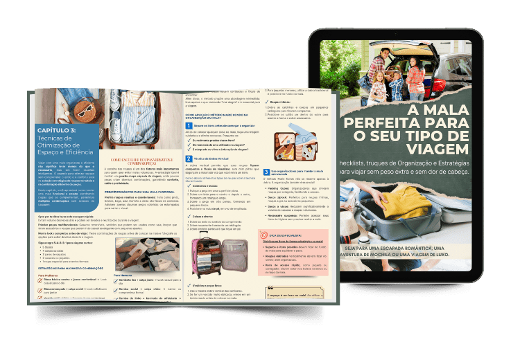 eBook com dicas de como organizar a mala de viagem com eficiência, checklists e técnicas de otimização de espaço
