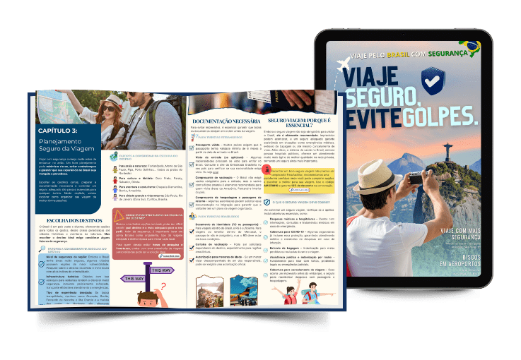 eBook com dicas de segurança em viagens no Brasil, abordando documentação, golpes comuns e planejamento seguro