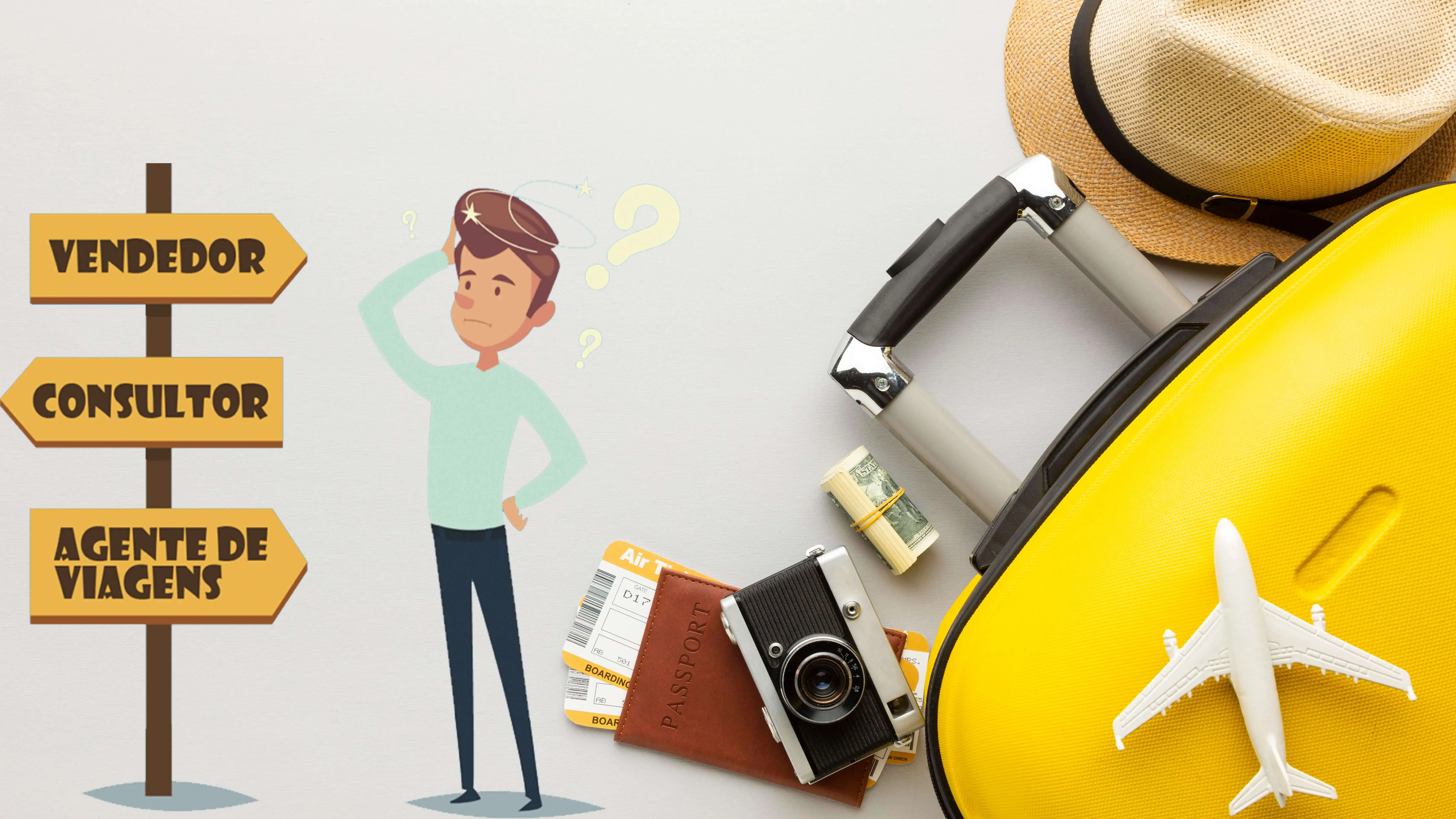Esta imagem retrata um cliente na duvida entre uma agencia e um consultor de viagens
