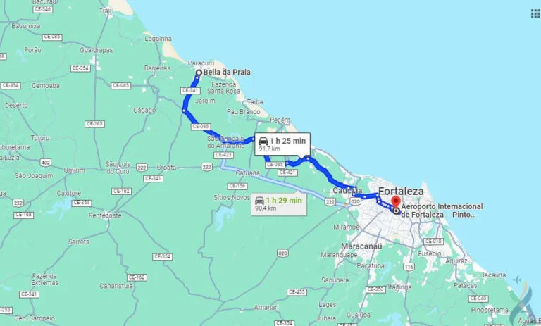Mapa da rota de viagem entre fortaleza e paracuru
