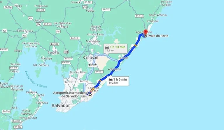 Itinerário do Google Maps de Salvador para a Praia do Forte