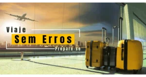 Malas em aeroporto com avião decolando e texto 'Viaje sem erros. Prepare-se!