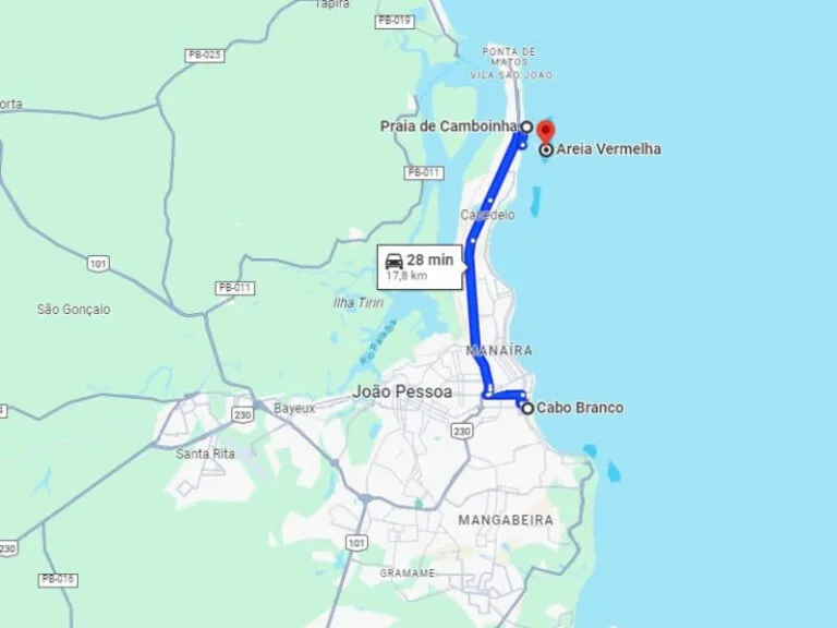 Mapa do Google Maps indicando o itinerário para a Praia Areia Vermelha