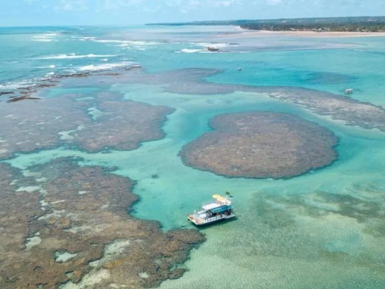 Barco sobre piscinas naturais de coral em São José da Coroa Grande, um espetáculo da natureza