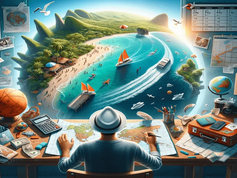 Viajante planejando roteiro sobre mapa, destacando a importância de economizar no dia a dia para viajar