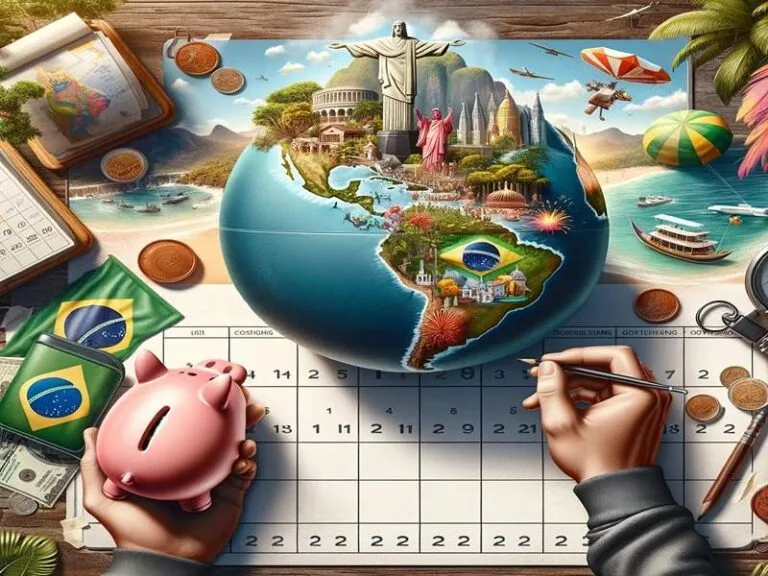 Mapa do Brasil e ícones de economia sobre um calendário, simbolizando os feriados em 2024