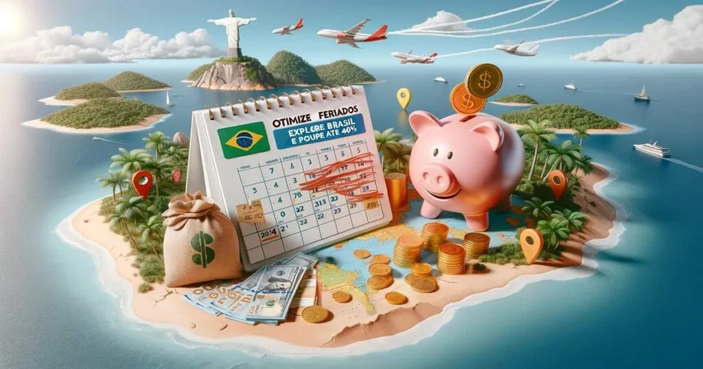 Calendário e cofrinho sobre mapa do Brasil, planeje feriados em 2024 com economia.
