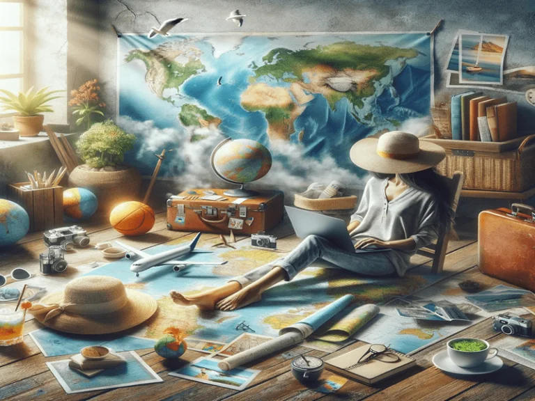 Mulher planeja viagens, evitando os impactos de não tirar férias, cercada por mapas e câmera