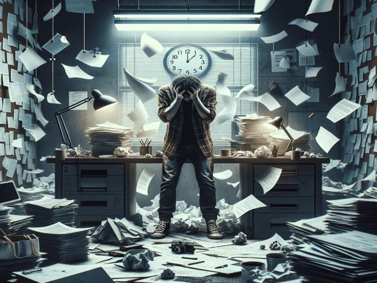 Pessoa estressada em escritório bagunçado, simbolizando os impactos de não tirar férias
