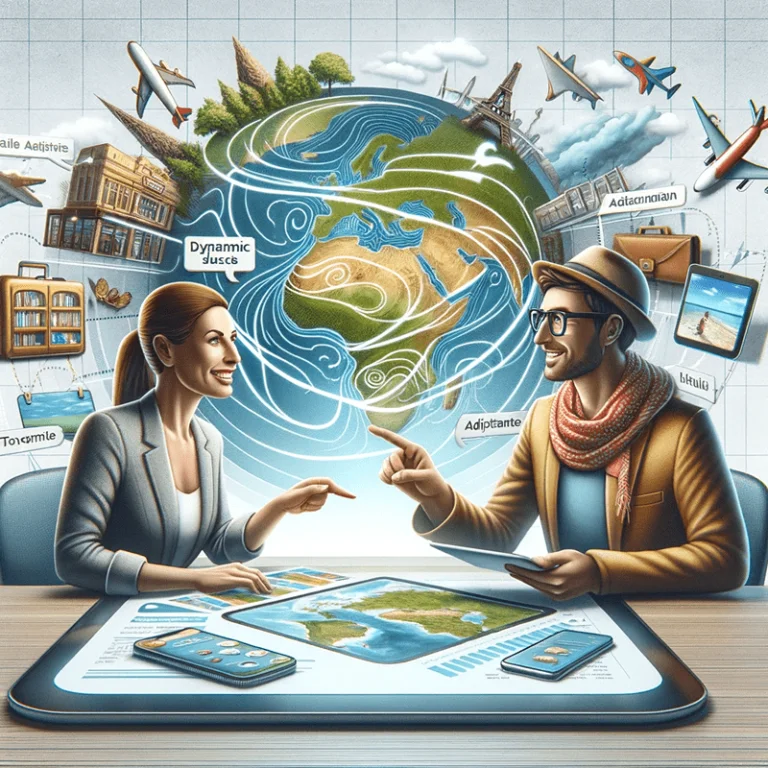 Consultor e viajante planejam férias personalizadas com mapa e tecnologia em mesa.