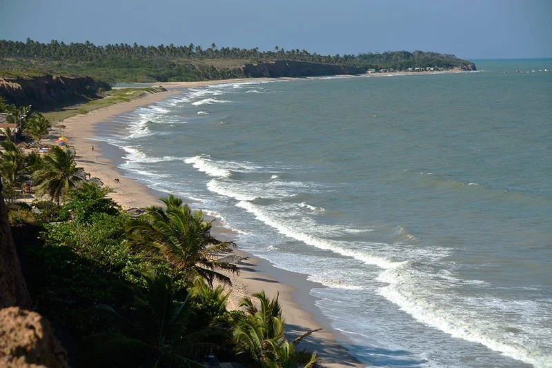 Praia do Sol deslumbrante com ondas e palmeiras em João Pessoa.