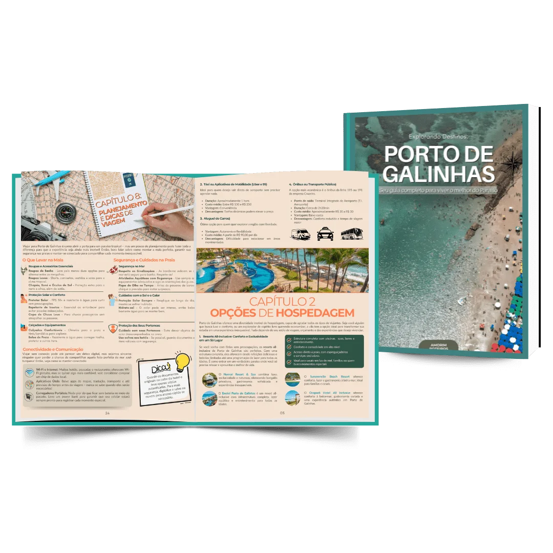 ConteĂșdo do eBook de Porto de Galinhas com dicas de hospedagem, transporte, o que levar e planejamento da viagem