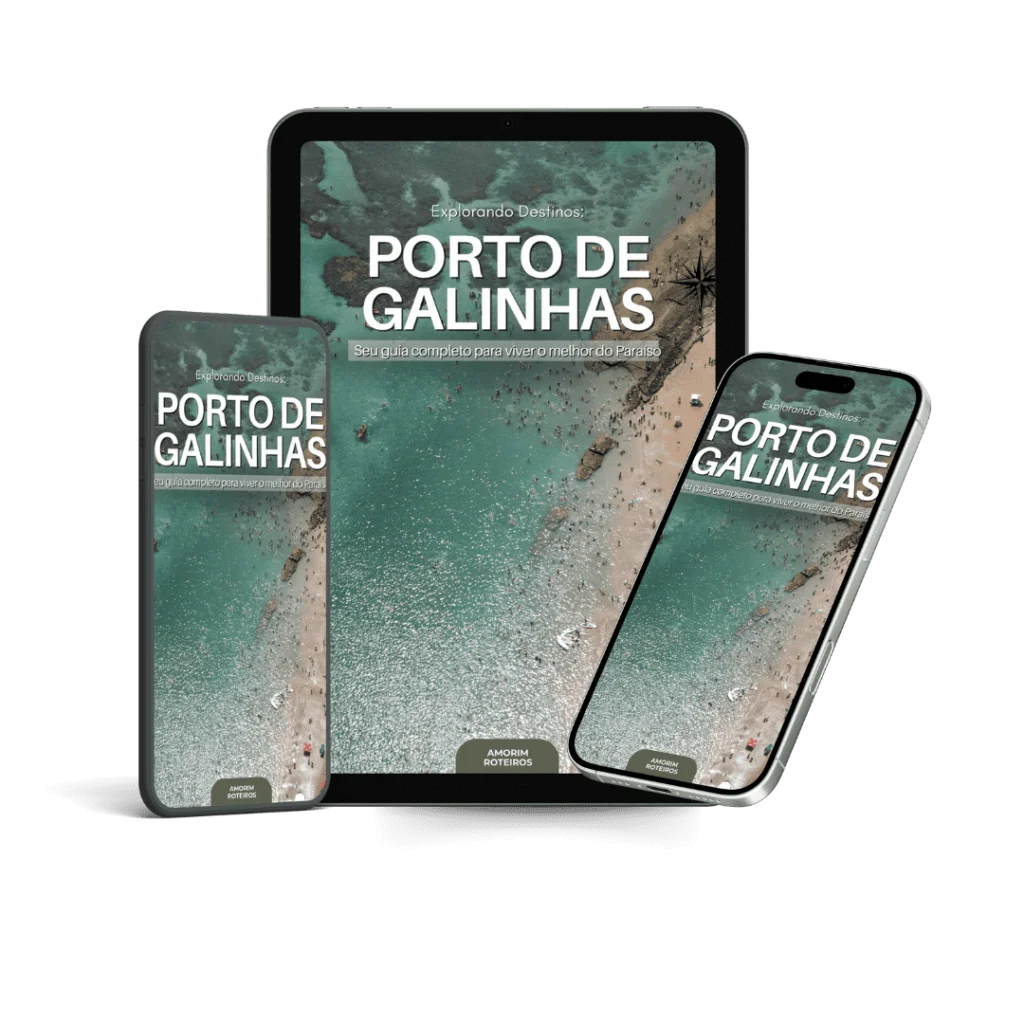Capa do eBook Porto de Galinhas exibida em celular e tablet com imagem aérea da praia e mar azul