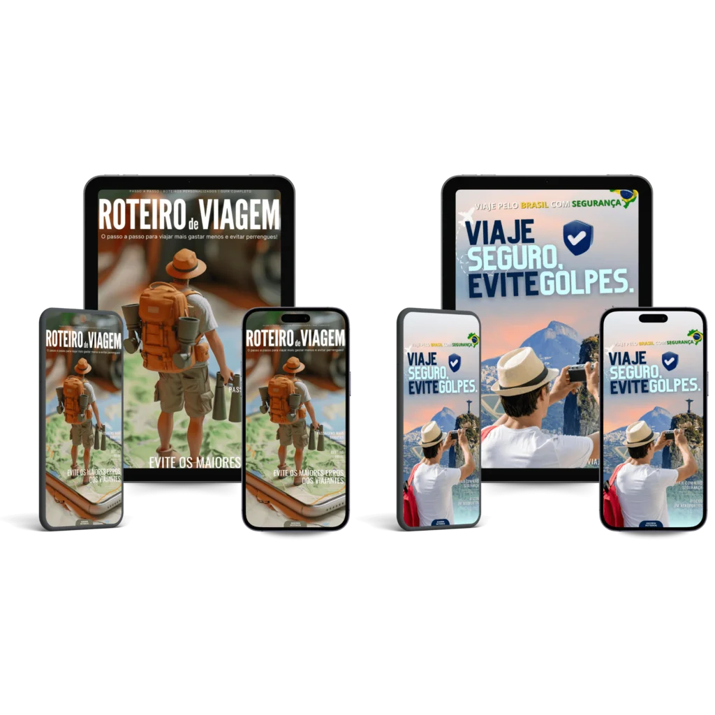 Capas dos eBooks âRoteiro de Viagemâ e âViaje Seguro, Evite Golpesâ da Amorim Roteiros exibidas em celulares e tablets